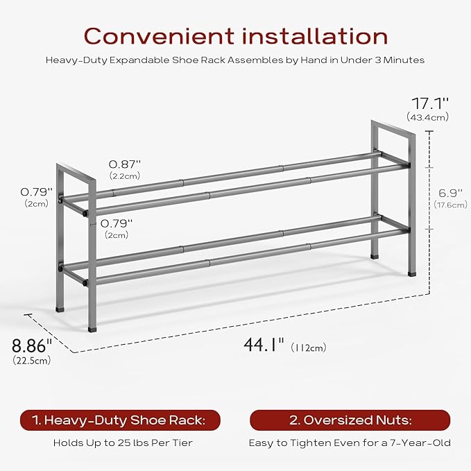 Bumusty 2-Tier Long Expandable Shoe Rack for Closet, 18"-44" Adjustable Shoe Rack for Entryway, 10-12 Pairs Large Shoe Organizer Shelf Storage, Sturdy Metal, Light Grey