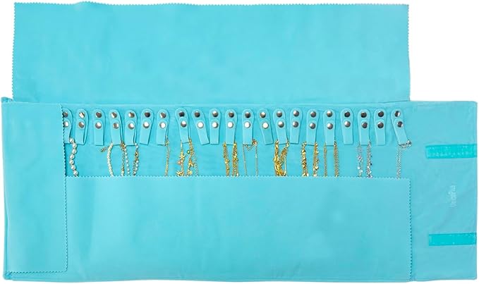 UnionPlus Velvet Travel Jewelry Roll Bag Organizer for Necklaces Bracelets, Extra Large Black with Elastic Band for Necklaces Only, River Blue