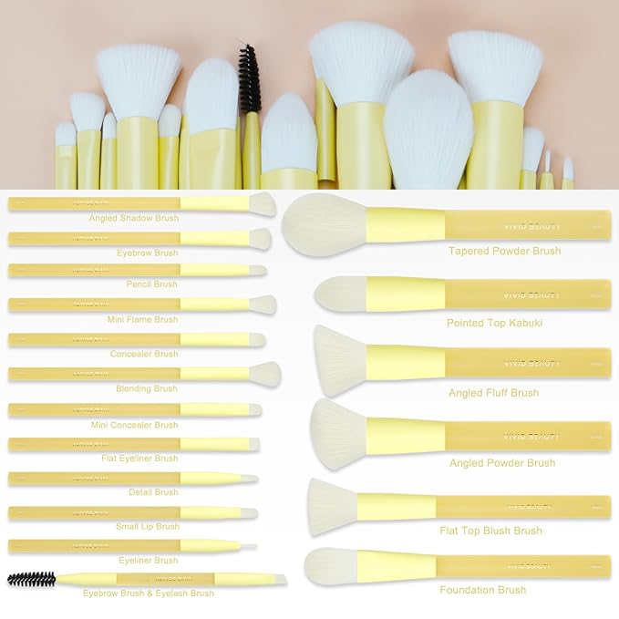 Yellow Make up Brush Set – 18PCS Makeup Brushes for Powder, Foundation, Eyeshadow – With Rubber Coated Handles, Painted Aluminum Ferrules, Travel Bag & 2 Makeup Sponges– For Women & Beginners