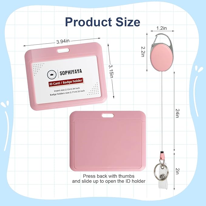 ID Badge Holder with Clip Badge Reels Ret retractable Heavy Duty Id Card with Carabiner Badge Reel with 24 inches Pull Cord for Office, School, Factory, Teacher (Pink, Horizontal)