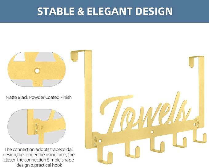 2 Pack Over The Door Hooks, Towel Rack for Bathroom Towel Holder for Hanging Heavy Duty, Wall Mount Towel Hanger with 10 Hooks for Bedroom Bathroom Kitchen Towels, Bag, Coats(Gold)