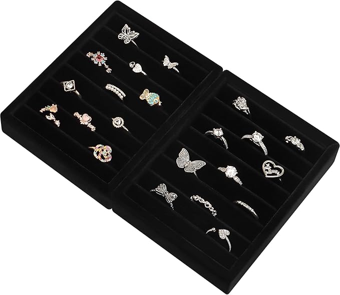 DesignSter Small Jewelry Tray-Ring Organizer 2PCS Premium Velvet Rings Earrings Display Tray Storage Insert Holder for Jewelry Box, Drawer, Dresser (8 Slots, Black)