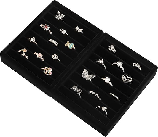 DesignSter Small Jewelry Tray-Ring Organizer 2PCS Premium Velvet Rings Earrings Display Tray Storage Insert Holder for Jewelry Box, Drawer, Dresser (8 Slots, Black)