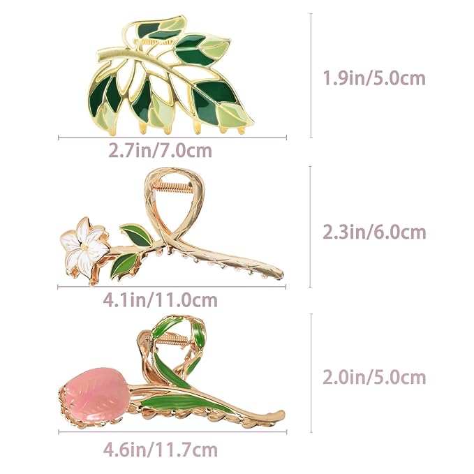 3-Piece Flower Metal Hair Accessories: Pink Tulip Floral Hair Claw, Elegant Lily Barrettes, Cute Leaves Hair Clips for Thin/Medium Thick Hair with Strong Hold and Non-Slip Design