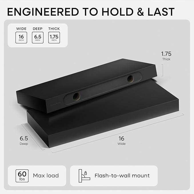 Homeforia 16 inch Black Floating Shelves, High-End Solid Real Wood 16-inch Bathroom Floating Shelves for Wall Mounted, 16in Wooden Small Floating Shelf, Heavy Duty Bracket, 16 x 6.5 x 1.75 in, Set of 3