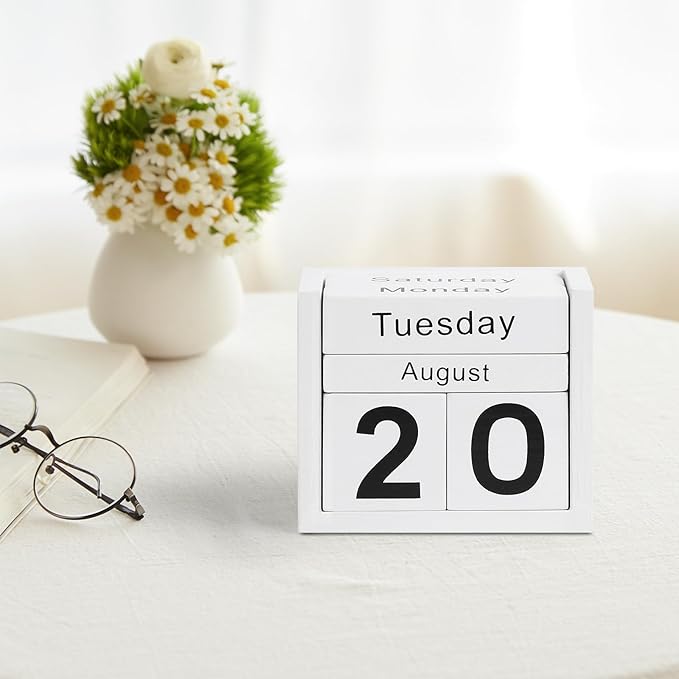 Wooden Block Calendar for Desk, Daily Desktop Perpetual Desk Calendar, Cute Date Display Blocks Desk Accessory for Home Office Decor, Teacher, Classroom, Reusable Yearly, White