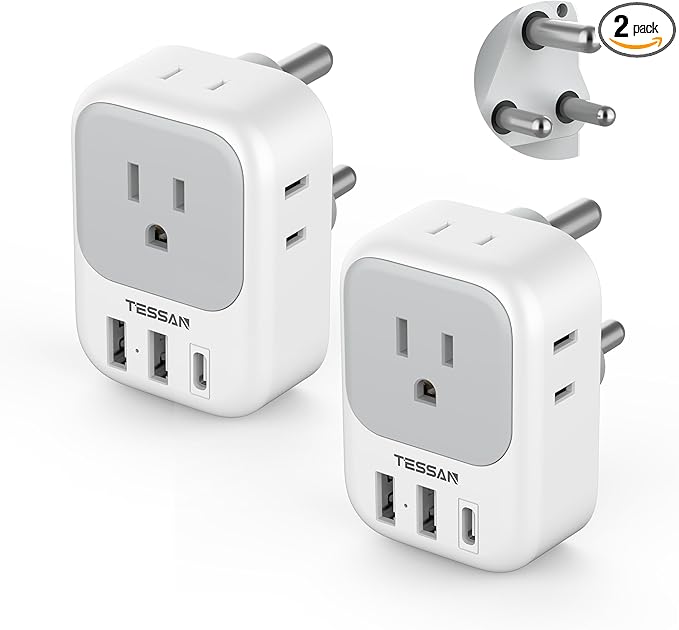 South Africa Plug Adapter 2 Pack, TESSAN Type M Power Adapter with 4 AC Outlets 3 USB Ports (1 USB C), Travel Adapter US to Botswana Namibia Nepal Bhutan
