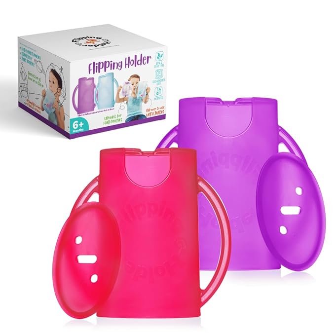 Flipping Holder Squeeze Proof Food Pouch Holder for Toddlers, Babies, Kids, Mess Free No Squeeze Juice Box Drink and Applesauce Snack Holder with Easy Grip Handles and Lid
