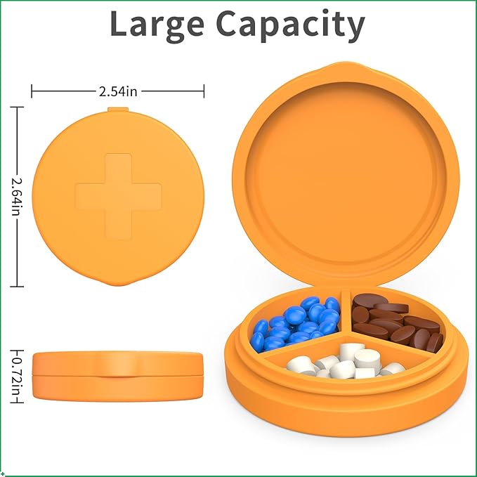 2 Pack Small Pill Box,3 Compartment Round Silicone Travel Pill Box for Purse Pocket, Waterproof Portable Compact Medicine Holder for Vitamin, Cod Liver Oil, Supplement(Orange+Yellow)
