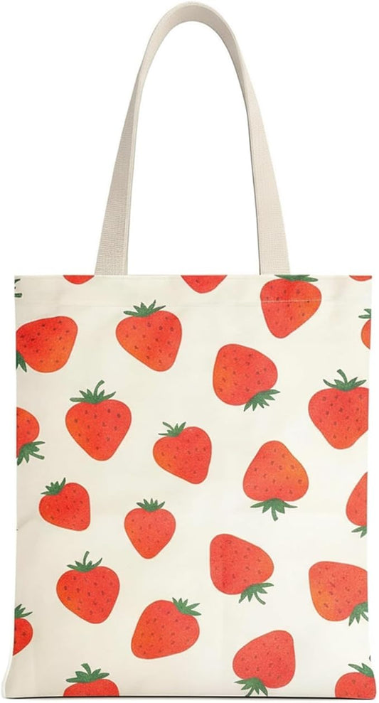 1-PACK Cute Strawberry Print Canvas Tote Bag, Reusable Grocery Bag with Magnetic Snap Closure & Inner Zipper Pocket, Aesthetic Gift for Women