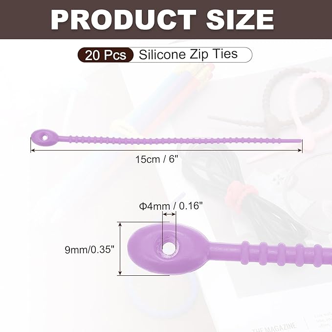 PATIKIL 6 Inch Silicone Cable Ties, 20pcs Rubber Reusable Twist Zip Ties Organizer for Home Office Kitchen Food bags Wires Adjustable Bag Clip, Light Purple