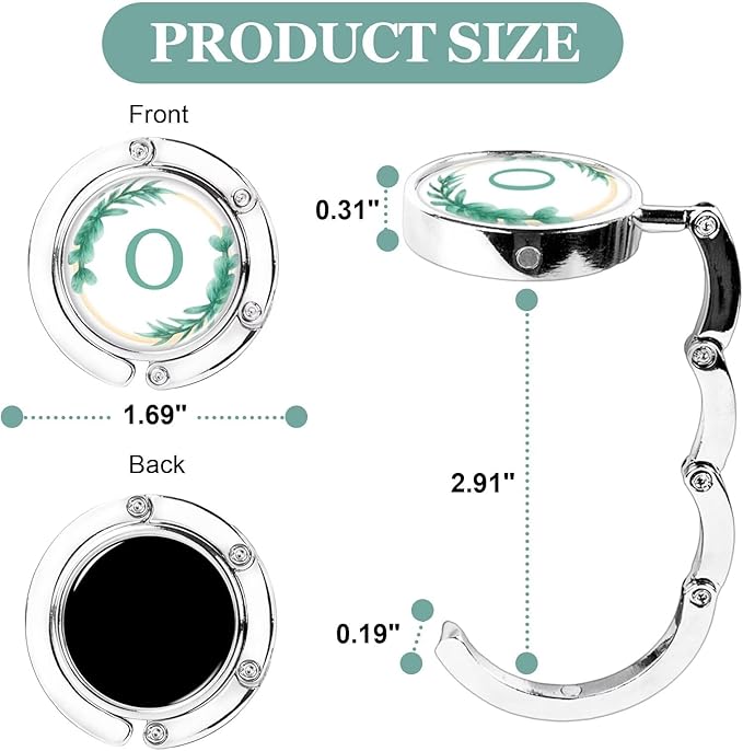 XSUIOY 3Pcs Personalized Initial Foldable Purse Hook for Table,Crushed Flower Letters Folding Purse Hanger,Purse Holder Handbag Hanger Collection Desk Table Bag Hooks Gifts for Women Bag(Green-O)