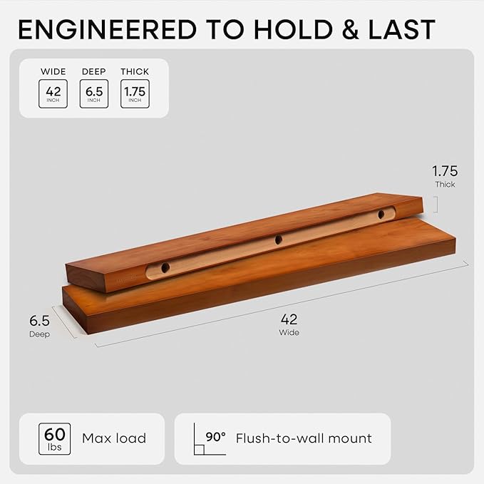 Homeforia Oak Floating Shelves 42 inch Long, High-End Solid Real Wood 42-inch Floating Shelf for Wall Mounted, Honey Oak Wooden 42-inch Floating Shelves, Heavy Duty Bracket, 42 X 6.5 X 1.75 in, Set of 2