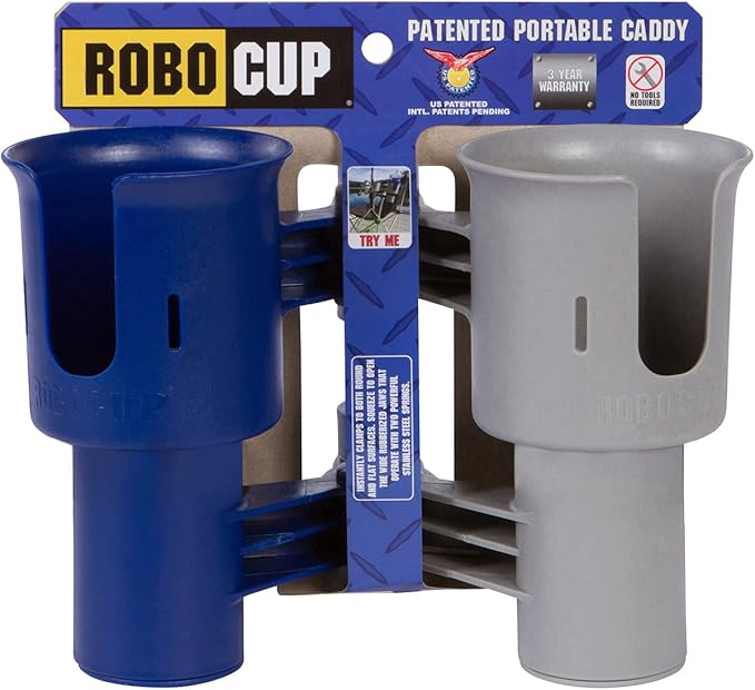 ROBOCUP, (Navy&Gray), Patented Clamp On Boat Cup Holder |Multifunction Dual Drink Caddy for Fishing Poles, Tools, Net, Gaff |Portable Storage for Boating, Beach, Umbrellas, Golf Carts, Strollers