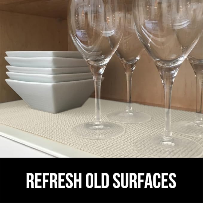 GORILLA GRIP powerGRIP Drawer Shelf and Cabinet Liner, Thick Strong Hold, Non-Adhesive Liners Protect Kitchen Cabinets and Cupboard, Bathroom Drawers, Easy Install, Breathable Mat, 17.5" x20', Cream