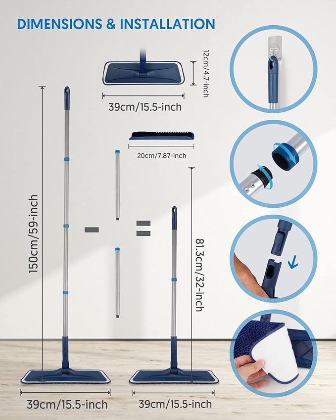 BPAWA Microfiber Mops for Floor Cleaning - Flat Floor Mop with 4 Washable Chenille Pads Dry Dust for Hardwood Laminate Wood Tile Vinyl Wall Hard Surfaces - 150cm Adjustable Long Handle
