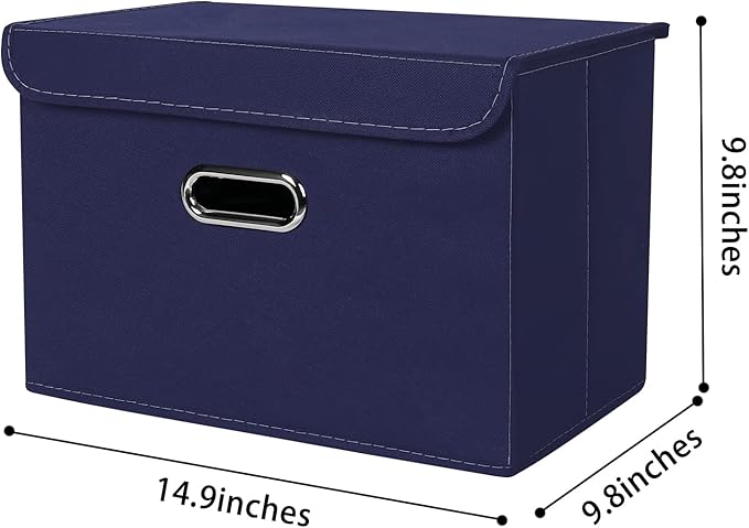 Linen Fabric Foldable Collapsible Storage Cube Bin Organizer Basket Fabric Storage Bins with Lid, Leather Handles, Removable Divider for Home, Closet,Navy Blue 3Pcs