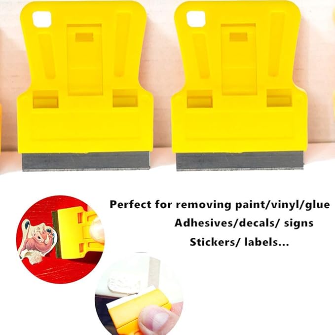 Mini Plastic Razor Blade Scraper High Visibility Bright Yellow Window Scraper Paint Scraper with 5 Spare Metal Razor Scraper Blades Stove Top Scraper Scraping Sticker Decal Residue Label