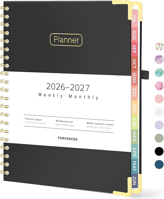 Forvencer Academic Planner 2026-2027, Hardcover Calendar Planner Weekly & Monthly, July 2026 - June 2027, 8.5" x 11", Daily Agenda with Tabs, College School Organizer for Student Teacher, Black