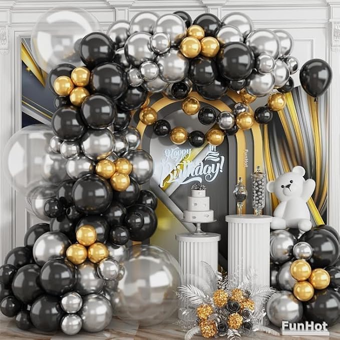 Black Gold Silver Balloons Arch Kit,Metallic Chrome Silver and Black Gold Clear Balloon With 18/12/5 Inch Different Sizes for Birthday Graduation Baby Shower Disco New Years Party Decorations