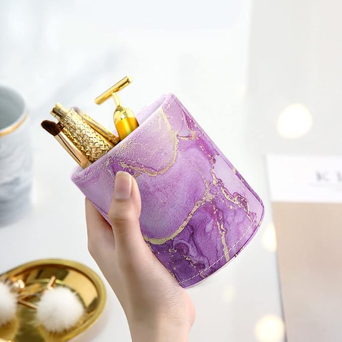 WAVEYU Pen Holder, Pencil Cup Desk Decor, Decorative Pencil Organizer, Makeup Brush Holder, Leather Multi-Functional Organizer for Office, Home, Classroom, Purple Marble