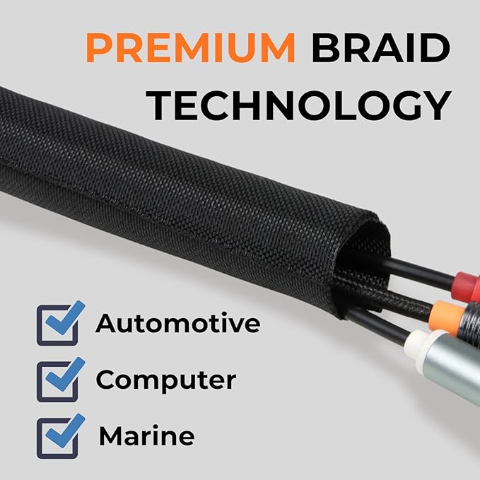 1/2 inch Split Braided Cable Management Sleeve for USB Cable Power Cord Audio Video Cable, High-Temperature Automotive Harness Wire Loom Cord Protector from Cat Dog Chewing (Black, 10FT)