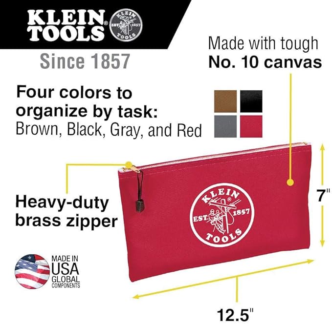 Klein Tools 5141 Zipper Tool Bag, Tool Pouch, Bank Deposit Canvas Utility Bag, 12.5 x 7-Inch, Brown/Black/Gray/Red 4-Pack