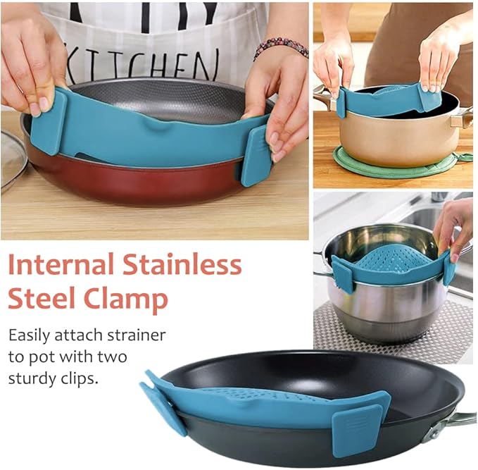 YEVIOR Clip on Strainer for Pots Pan Pasta,Silicone Food Strainer Hands-Free Pan Strainer, Clip-on Kitchen Food Strainer for Spaghetti, Pasta, Ground Beef Fits All Bowls and Pots (Teal)