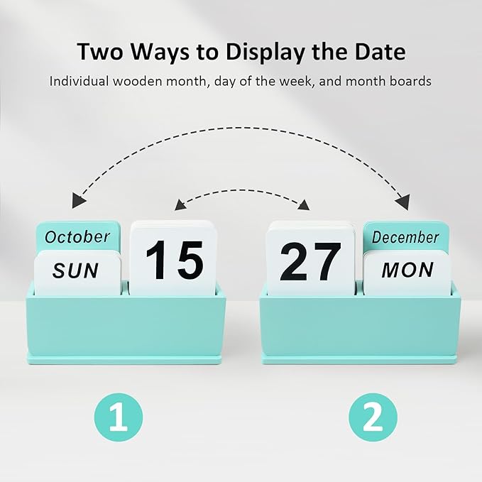 Wooden Block Perpetual Calendar for Desk, Daily Desktop Standing Flip Calendar with Large Display, Modern Farmhouse Aesthetic Desk Accessories for Home Office Decor, Reusable Yearly, Green
