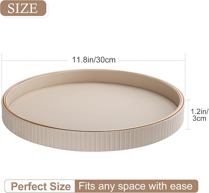 GORESE Round Decorative Tray for Coffee Table Decor, 12" PU Leather Serving tray Table Centerpiece Home Decor, Desk Valet Tray for Trinket Jewelry Perfume Key, Ottoman Tray Nightstand Organizer, Beige