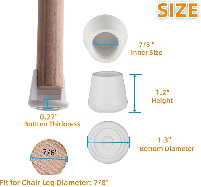 Furnigear Chair Leg Tips Caps Non-Slip Rubber Leg Tips 7/8” Inner Diameter Chair Leg Floor Protectors Round White, 64 Pack