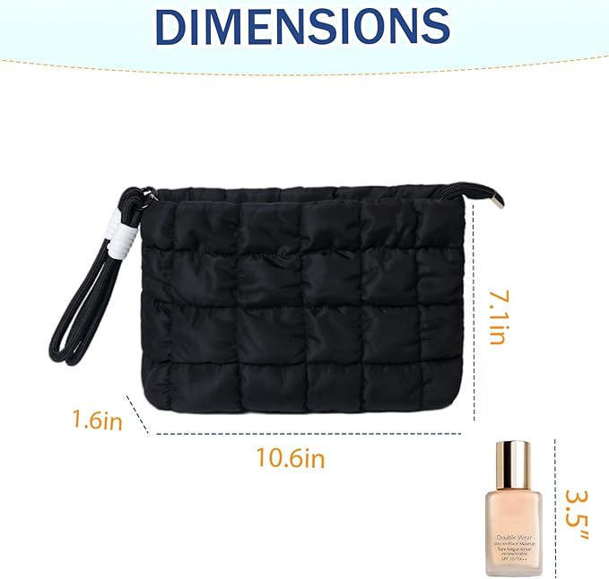 Puffy Quilted Makeup Bag Cosmetic Bag Equipped with a Detachable Handle Cute Zipper Pouch for Storage Clutch for Women(Black)
