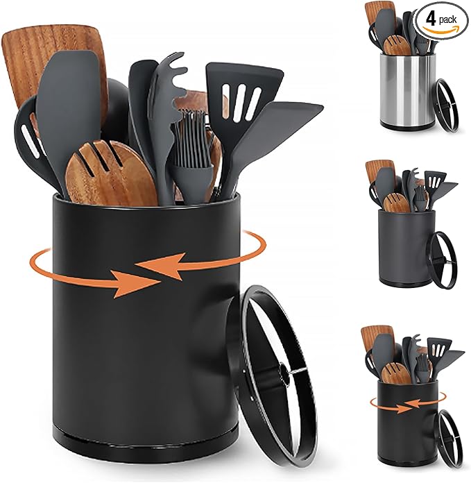 Extra Large Kitchen Utensil Holder, 360° Rotating Stainless Steel Cooking Utensil Holder for Countertop, 3 Compartment Flatware Organizer & Cooking Caddy with Removable Base（Black）