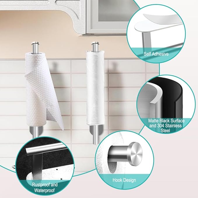 MGahyi Paper Towel Holder Wall Mount, Self Adhesive Or Drilling Paper Towel Holder Under Cabinet, 13.2 inch Stainless Steel Kitchen Paper Towel Roll Rack, Bathroom Towel Roll Hanger(Silver, Rectangle)