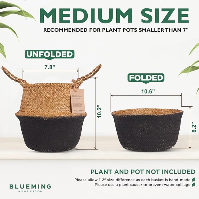 Blueming Home Wicker Plant Basket – Medium Seagrass Planter Pot for Faux Olive Trees or Houseplants, Decorative Woven Black Bottom Wicker Planter for Living Room, Shelf, or Entryway