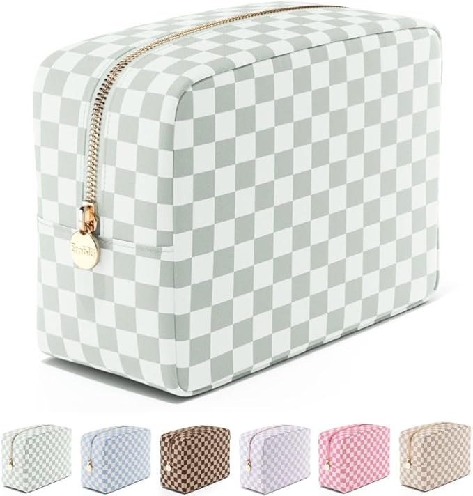 Embla Makeup Bag Travel Cosmetics Pouch and Toiletry Bag, Nylon Zipper Pouch Purse, Cute Make Up Organizer Storage Tote for Women Girls, Travel Skincare Case, Large Makeup Case, Mint Green Checkered