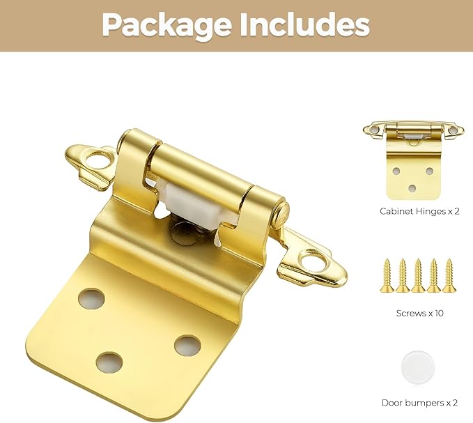 2 Pack 1 Pair Gold Cabinet Hinges - 3/8 inch Inset Kitchen Cabinet Hinges, Semi-Concealed Hinges, Self Closing Cabinet Door Hinges with Door Bumper Flush Face Mount Cupboard Hardware