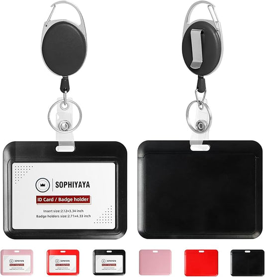 ID Badge Holder with Clip Badge Reels Ret retractable Heavy Duty Id Card with Carabiner Badge Reel with 24 inches Pull Cord for Office, School, Factory, Teacher (Black, Horizontal)