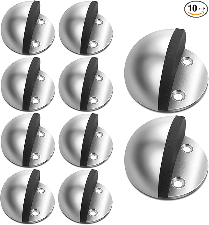 10 Pack Door Stoppers Self Adhesive Stainless Steel Floor Door Stop No Drill with Rubber Bumper Wall Protector, Brushed Silver