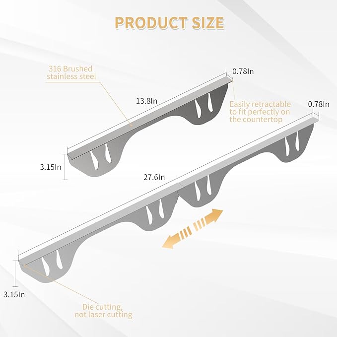 Stove Gap Covers 316 Stainless Steel,2 Pack Stove Gap Filler,Heat Resistant Stove Gap Guards,Slide in Range Trim Kit,Easy Adjustable Length 13.8" to 27.5",Width 0.78",Fits Narrow Gaps,Sliver