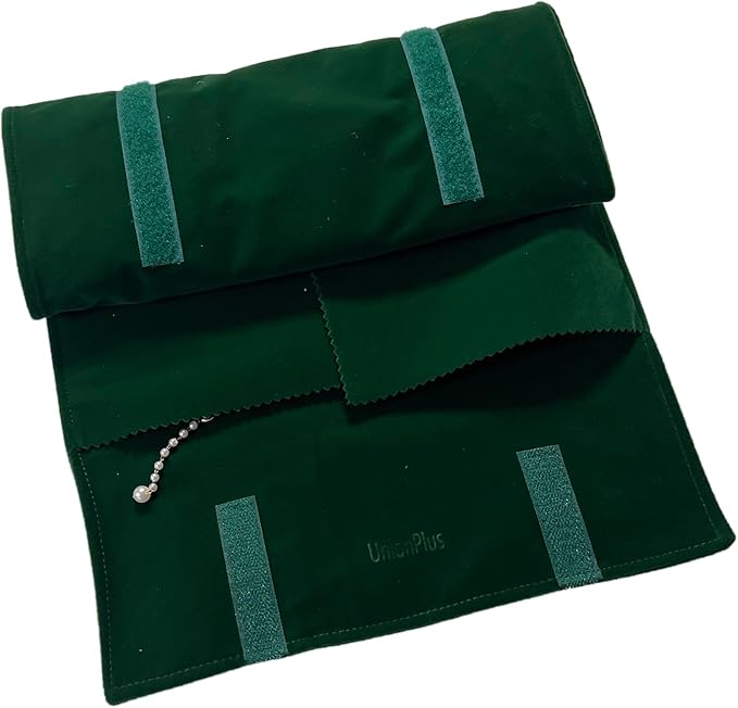 UnionPlus Velvet Travel Jewelry Roll Bag Organizer for Necklace, Elastic Band and Anti-winding, Blackish Green