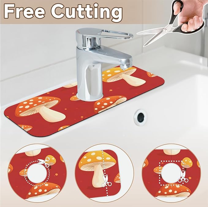 1 PC 15.4*5.7 Inch Absorbent Faucet Mat for Kitchen Sink Diatomaceous Earth Tailored Sink Splash Guard for Bathroom Kitchen Red Mushroom
