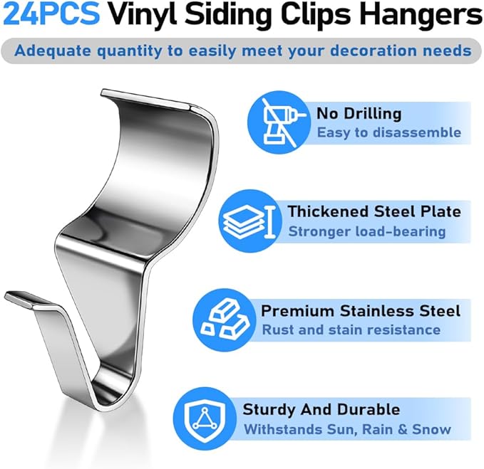 24PCS Vinyl Siding Hook, Thicken Stainless Steel Vinyl Siding Clips Hangers, Heavy-Duty No Drill Vinyl Hook for Outdoor Decor, Hanging on Patio, Christmas Wreath Hangers