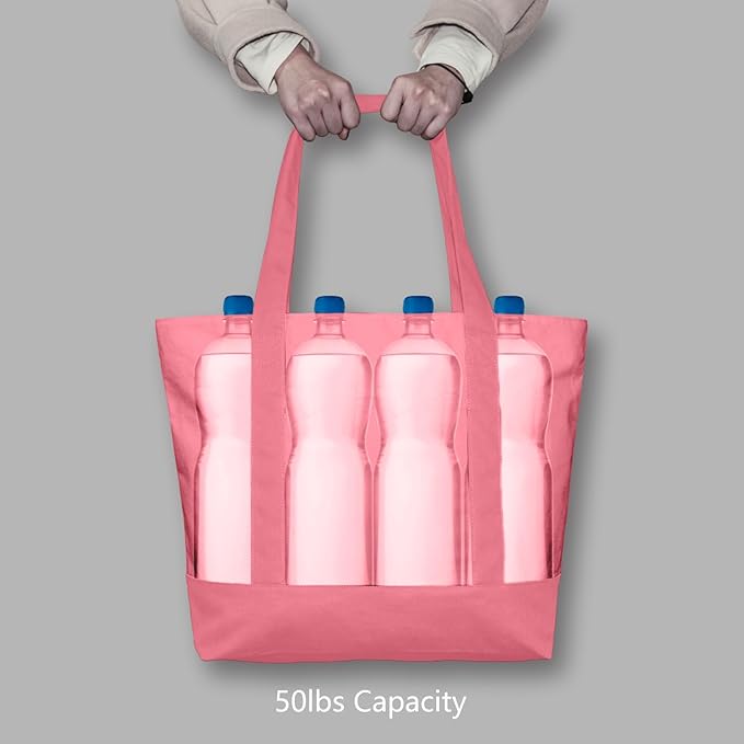 TOPDesign 3-Pack Canvas Tote Bags with an External Pocket, Reusable Grocery Shopping Bags, Top Zipper Closure, Daily Essentials (Rose Pink)