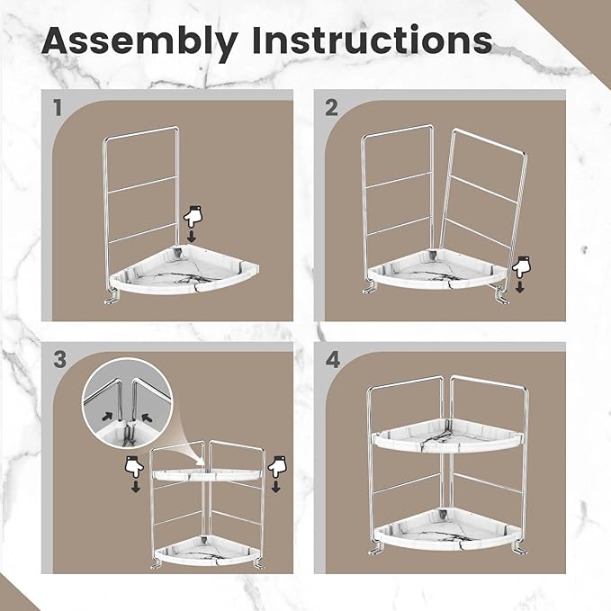 2-Tier Corner Bathroom Organizer, Countertop Perfume Makeup Shelf Cosmetics Storage Shelf Display Rack Vanity Shelf,Kitchen Spice Rack,PP Imitation Marble Design,Tool-Less Install(Silver)