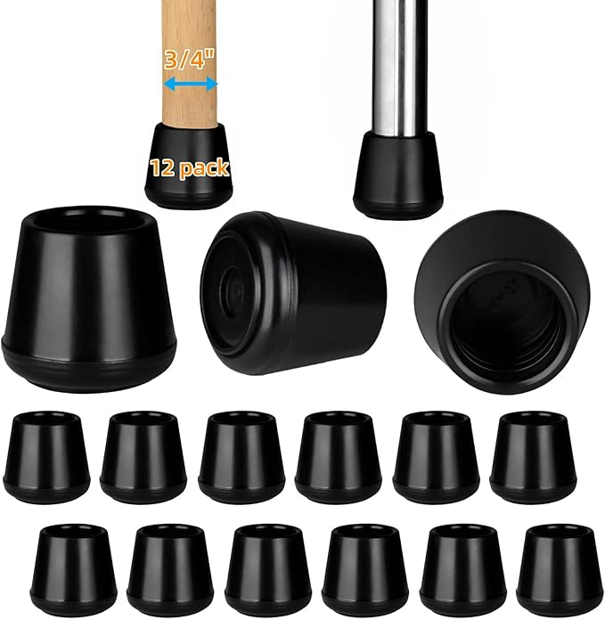 3/4" Chair Leg Tips Caps, Non-Slip Rubber Leg Tips, Stool Leg Protectors Cap, Folding Metal Chair Leg Tip Replacement, Chair Leg Floor Protectors Round Black, 12 Pack