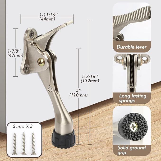 Kickdown Door Stopper 4 Inches - 4 Packs One Touch Adjustable Height Door Stop for The Bottom of Door The Bottom of Door Aluminum Alloy Metal Door Stopper with Rubber Tip White