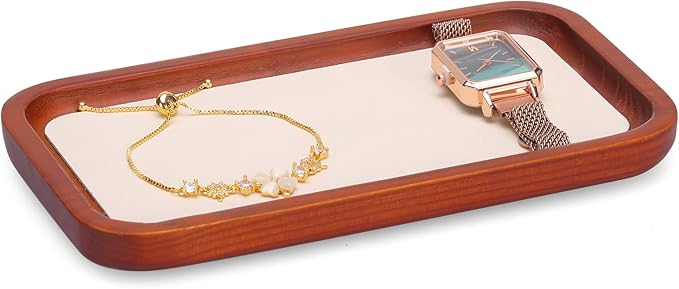 Wooden Jewelry Display Tray Rounded Rectangle Ring Showcase Stackable Elegant Bracelet Watch Jewelry Organizer for Personal Use and Commerce (Old Lace, Medium-W 3.9'' x H 0.6'' x L 7'')