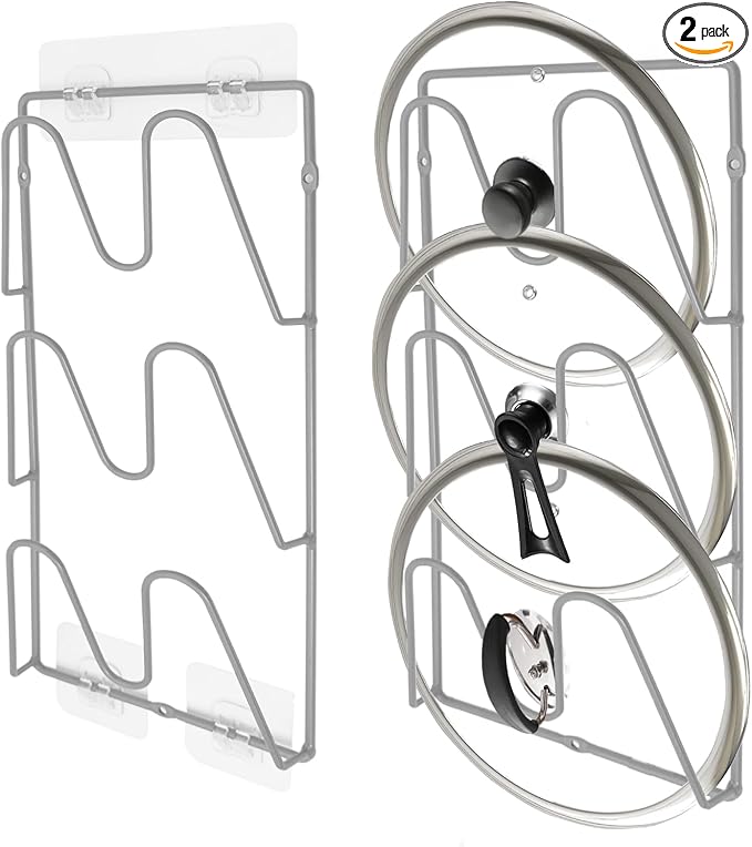 2 Pack Pot Lid Organizer Rack, 6 Tier Hanging Pot Lids Holder Inside Cabinet Door, No Drilling Adhesive Wall Mounted Pan Lid Organizer, Kitchen Cooking Lid Storage Rack for Cupboard (Silver)