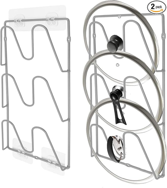 2 Pack Pot Lid Organizer Rack, 6 Tier Hanging Pot Lids Holder Inside Cabinet Door, No Drilling Adhesive Wall Mounted Pan Lid Organizer, Kitchen Cooking Lid Storage Rack for Cupboard (Silver)